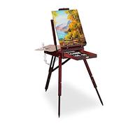 Relaxdays Caballete Portátil de Madera, 35 Piezas, Set de Pinceles, Paleta, Lienzo, Acuarela, Óleo y Acrílico, Marrón, Aluminio, 180 x 100 x 70 cm