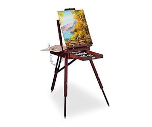 Relaxdays Caballete Portátil de Madera, 35 Piezas, Set de Pinceles, Paleta, Lienzo, Acuarela, Óleo y Acrílico, Marrón