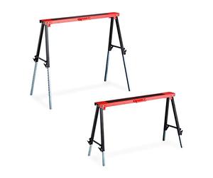 Relaxdays Caballete Trabajo, Set de 2, Altura Ajustable 12 Niveles, Carga hasta 150 kg, Plegable, Asa Transporte, Rojo, Acero, 91,5 x 106 x 50 cm