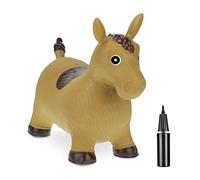 Relaxdays Caballo Saltarín Hinchable, Juguete Saltador, con Hinchador, Resiste 50kg, sin BPA, Niños Desde 3 Años, Marrón, Madera, 46 x 25 x 53 cm