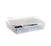 Relaxdays Caja Almacenaje con Tapa y 3 Compartimentos, 7 x 32 x 24,5 cm, Organizador de Oficina, Plástico, Transparente