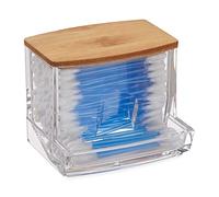 Relaxdays Caja Bastoncillos de Algodón, Acrílico, Cajita con Tapa, Dispensador para Palitos Oídos, Transparente/Natural, Bambú, Medium