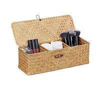 Relaxdays Caja de Almacenaje con Tapa de Alga Marina, 3 Compartimentos, Almacenamiento Baño, 11 x 33 x 12,5 cm, Natural, Fibra Vegetal, 11 x 33 x 12.5 cm