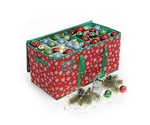 Relaxdays Caja de almacenamiento para bolas navideñas, 128 bolas, 33 x 66 x 33 cm, copos de nieve, cartón, rojo/verde