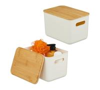 Relaxdays Caja de Almacenamiento, Set de 2, Tapa, Plástico, Bambú, Asa, 16 x 26 x 17,5 cm, Organizador, Blanco/Natural