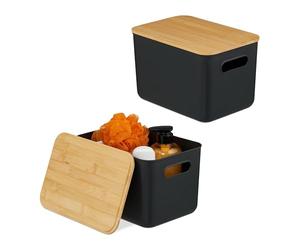 Relaxdays Caja de Almacenamiento, Set de 2, Tapa, Plástico, Bambú, Asa, 16 x 26 x 17,5 cm, Organizador, Negro/Natural