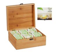 Relaxdays Caja para té e infusiones, Seis Compartimentos, para 72 Bolsas, con Tapa, 9,5 x 22 x 18,5 cm, Marrón, Bambú, 9.5 x 22 x 18.5 cm