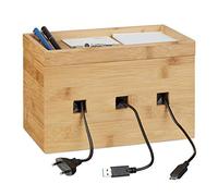 Relaxdays Caja de Cables Decorativa, Bambú, Beige, 16,5 x 25,5 x 14 cm | Gestión de cables para escritorio, (alto x ancho x fondo): 16,5 x 25,5 x 14 cm