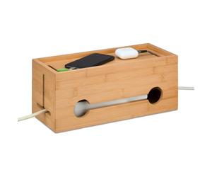 Relaxdays Caja de Cables, Organizador para 2 Regletas de Enchufes, Guardacables de Bambú, 14 x 34,5 x 14 cm, Natural