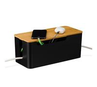 Relaxdays Caja de Cables, Organizador para 2 Regletas Enchufes, Guardacables con Tapa Bambú, 13x31x14 cm, Negro/Natural, 80% plástico 20%