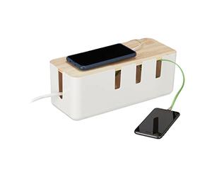 Relaxdays Caja de Cables, para 2 regletas de enchufes, Tapa de Madera, plástico, ocultacables, 11,5x30,5x12,5 cm, Blanco