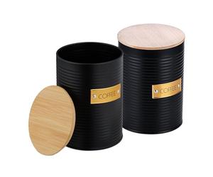 Relaxdays Caja de café, 2 Piezas, Metal, Tapa de bambú, 16 x 11 cm, Recipiente para Granos de café, Negro/Natural