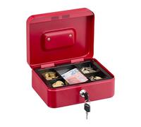 Relaxdays Caja de Dinero, Cerradura, Bandeja Extraíble, 5 Compartimentos, Cajita Hierro, 8,5 x 20 x 17 cm, Rojo, Acero