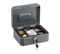 Relaxdays Caja de Dinero, Cerradura, Bandeja Extraíble, 5 Compartimentos, Cajita Hierro, 8,5 x 20 x 17 cm, Gris