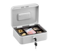 Relaxdays Caja de Dinero, Cerradura, Bandeja Extraíble, 5 Compartimentos, Cajita Hierro, 8,5 x 20 x 17 cm, Blanco