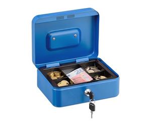 Relaxdays Caja de Dinero, Cerradura, Bandeja Extraíble, 5 Compartimentos, Cajita Hierro, 8,5 x 20 x 17 cm, Azul