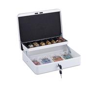 Relaxdays Caja de Dinero, Cerradura, Hierro, Bandeja para Monedas y 4 Espacios para Billetes, 8,5x30,5x24,5 cm, Blanco