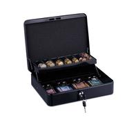 Relaxdays Caja de Dinero, con Cerradura, Hierro, Bandeja para Monedas y 4 Espacios para Billetes, 5cm, Negro, Acero, 8,5x30,5x24,5 cm