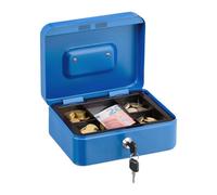 Relaxdays Caja de Dinero, Cerradura, Bandeja Extraíble, 5 Compartimentos, Cajita Hierro, 8,5 x 20 x 17 cm, Azul