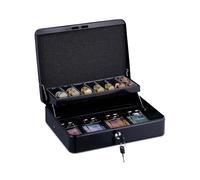 Relaxdays Caja de Dinero, con Cerradura, Hierro, Bandeja para Monedas y 4 Espacios para Billetes, 8,5x30,5x24,5cm, Negro