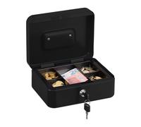 Relaxdays Caja de Dinero, Cerradura, Bandeja Extraíble, 5 Compartimentos, Cajita Hierro, 8,5 x 20 x 17 cm, Negro