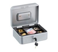 Relaxdays Caja de Dinero, Cerradura, Bandeja Extraíble, 5 Compartimentos, Cajita Hierro, 8,5 x 20 x 17 cm, Plateado