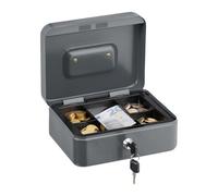 Relaxdays Caja de Dinero, Cerradura, Bandeja Extraíble, 5 Compartimentos, Cajita Hierro, 8,5 x 20 x 17 cm, Gris
