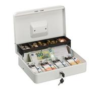 Relaxdays Caja Dinero con Llave, Bandeja Monedas y 4 Compartimentos Billetes, Cajita Hierro, 8,5x30,5x24,5 cm, Blanco