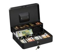 Relaxdays Caja Dinero con Llave, Bandeja Monedas y 4 Compartimentos Billetes, Cajita Hierro, 8,5x30,5x24,5 cm, Negro