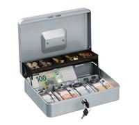 Relaxdays Caja Dinero con Llave, Bandeja Monedas y 4 Espacios Billetes, Cajita Hierro, 8,5x30,5x24,5 cm, Plateado, Acero