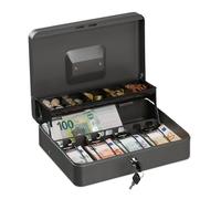 Relaxdays Caja Dinero con Llave, Bandeja Monedas y 4 Compartimentos Billetes, Cajita Hierro, 8,5x30,5x24,5 cm, Gris