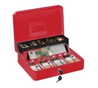 Relaxdays Caja Dinero con Llave, Bandeja Monedas y 4 Compartimentos Billetes, Cajita Hierro, 8,5x30,5x24,5 cm, Rojo, 8.5 x 30.5 x 24.5 cm