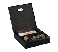 Relaxdays Caja de Dinero con Llaves, Bandeja Extraíble, 4 Espacios, Cambio y Billetes, 6 x 17 x 17,5 cm, Hierro, Negro