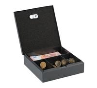 Relaxdays Caja de Dinero con Llaves, Bandeja Extraíble, 4 Espacios, Cambio y Billetes, 6 x 17 x 17,5 cm, Hierro, Gris