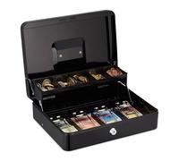 Relaxdays Caja de Dinero Llaves, 5 Compartimentos de Monedas y 4 de Billetes, Hierro, 8,5x30,5x24,5 cm, Negro