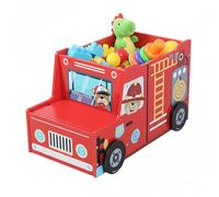 Relaxdays caja de juguetes diseño bombero habitación infantil, 34 x 60 x 32 cm, con compartimento secreto, MDF, rojo