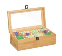 Relaxdays Caja de Té, 10 Compartimentos, Organización Infusiones, Bambú, Separadores Extraíbles, 10x29,5x17 cm, Natural, Acero Inoxidable, Plástico