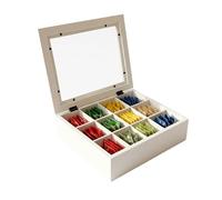 Relaxdays caja de té, 12 compartimentos, bambú, caja para bolsitas con ventana, HxBxT: 8 x 28 x 23 cm, blanco