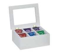 Relaxdays Caja de Té, 6 Compartimentos, Bambú, 9x21,5x16 cm, para Infusiones y Cápsulas de Café, con Tapa, Blanco