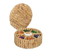 Relaxdays Caja de Té, 7 Compartimentos, 80 Infusiones, Organizador Trenzado Redondo, 11,5x28cm, Jacinto de Agua, Natural, Fibra Vegetal