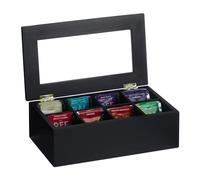 Relaxdays Caja de Té 8 Compartimentos, Bambú, 9x28x16 cm, Bolsitas de Infusiones, con Tapa, a Prueba de Polvo, Negro