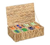 Relaxdays Caja de Té, 8 Compartimentos, Organizador Trenzado Infusiones, 10 x 33 x 20,5 cm, Jacinto de Agua, Natural, Fibra Vegetal