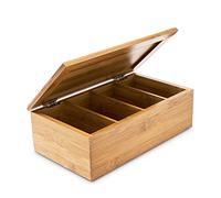 Relaxdays bolsitas Caja de Té Bambú, Tea Box con Tapa, 4 Compartimentos para 80 Bolsas Infusiones, Cajita Joyas Madera, Natural, 9 x 16 x 28.5 cm