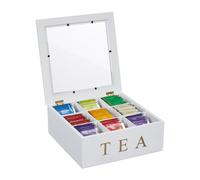 Relaxdays Caja de té blanca con 9 compartimentos blanco,oro