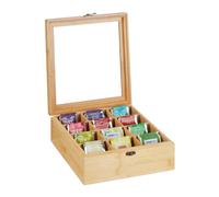 Relaxdays Caja Té 12 Compartimentos con Tapa, Organizador Bolsas Infusiones y Café, Bambú, 9,5x26,5x28,5 cm, Natural