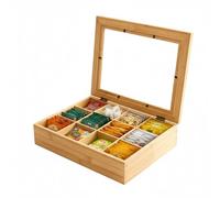 Relaxdays Caja de té de bambú con 12 Compartimentos, Ventana, 8x28x23 cm, Color Natural