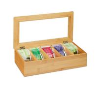 Relaxdays Caja Té, Bambú, 5 Compartimentos, Cajita Infusiones con Ventana, Organizador Bolsas Té 9x37x20 cm, Natural