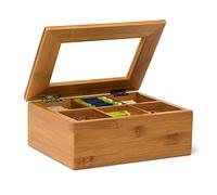 Relaxdays Caja de té de bambú H x B x T: 9 x 22 x 16 cm con compartimentos con tapa de terciopelo de visión de Luke, aroma para intenso tea time, desayuno, madera haya lacada, color marrón