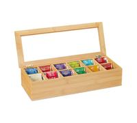 Relaxdays Caja Té, Bambú, 12 Compartimentos, Cajita Infusiones con Ventana, Organizador Bolsas Té 9x41x16 cm, Natural