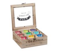 Relaxdays Caja de té de madera 9 compartimentos marrón claro